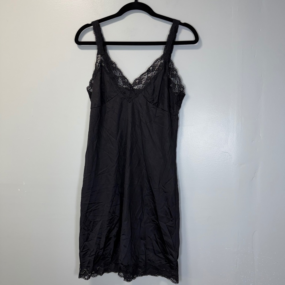 Vintage Illusion Black Lace Trim Full Slip Dress Nylon Adjustable Straps 36B S/M
